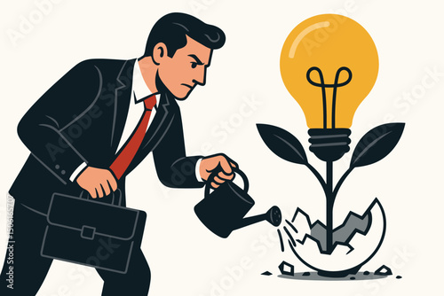 Nurturing Innovation: Businessman waters a glowing lightbulb plant emerging from a cracked shell, symbolizing investment, creativity, strategy, business growth, and cultivating bright ideas vector.