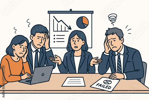 Vector art of a failed business meeting. Stressed team members show frustration and disappointment during a presentation with declining charts and negative results report.