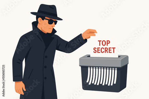 Mysterious spy in trench coat and sunglasses shredding a top secret document in a paper shredder, vector illustration depicting espionage, data destruction, and information security.