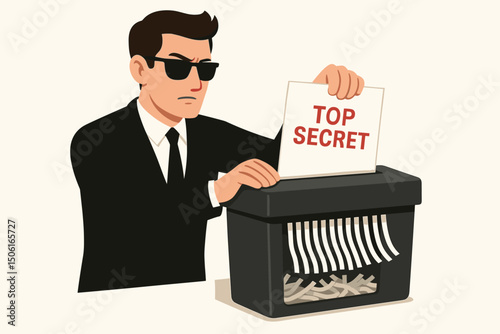 Covert spy or secret agent character destroying classified top secret documents in an office paper shredder, illustrating concepts of espionage, secrecy, and data protection.