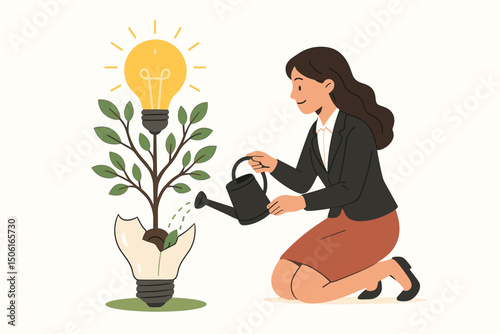 Investment in innovation: Businesswoman nurtures a growing idea plant sprouting from a broken bulb, watering it to cultivate a bright lightbulb representing success and potential.