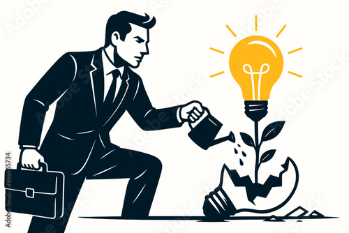 Businessman watering a growing lightbulb plant emerging from a shattered bulb. Concept of nurturing innovation, investment in ideas, business growth from failure, and creativity vector.