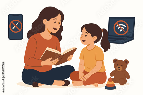 Digital detox concept vector: Mother and daughter enjoying storytime, reading a book together, disconnected from phone and wifi. Quality family bonding illustration, unplugged.
