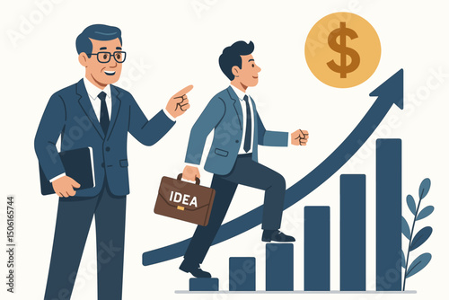 Experienced business mentor coaching young entrepreneur walking up success graph steps with idea briefcase towards dollar profit target, guidance and career development concept vector.
