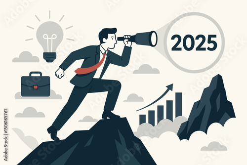 Visionary businessman climbs mountain with telescope focused on 2025, future forecasting, strategic planning, growth, ambition, innovation, and overcoming business challenges concept vector.