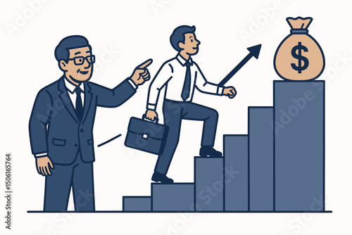 Experienced leader pointing the way for ambitious entrepreneur climbing steps to reach profit target. Mentorship, guidance, and business success concept vector illustration.