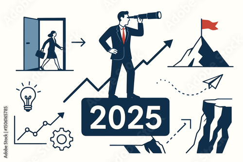 Vector illustration of business vision 2025: Executive forecasting future goals, strategy, growth, and opportunities while navigating challenges for success in the new year.