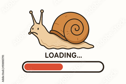 Vector illustration of a sad cartoon snail crawling slowly over a loading progress bar, representing slow internet speed, website buffering, system delay, and waiting concept.