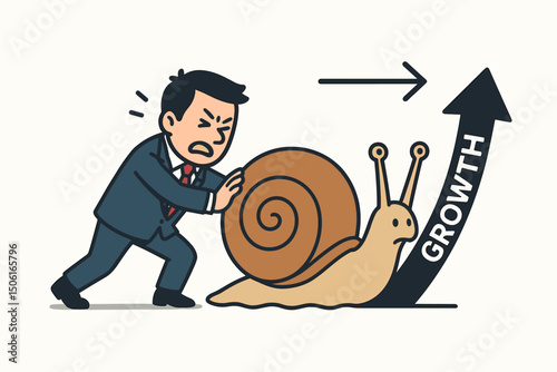 Slow business growth concept with businessman exerting effort to push a huge snail uphill on an arrow graph, representing challenge, patience, and perseverance in achieving success vector.