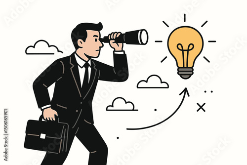 Corporate visionary searching for the next big idea, businessman with telescope looking at lightbulb representing innovation, business strategy, opportunity, and future planning vector.