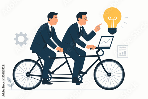 Teamwork concept vector illustration showing two businessmen co-founders riding a tandem bicycle, driving innovation with a lightbulb idea and analyzing growth strategy on a laptop.