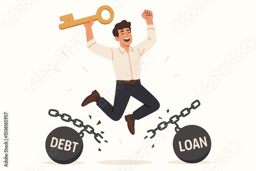Financial Freedom Concept: Happy businessman jumping with joy, holding a golden key to break free from heavy debt and loan chains, symbolizing liberation and success vector.