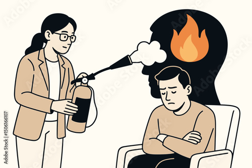 Therapist using fire extinguisher metaphor to soothe patient's troubled mind. Mental health support concept illustration for stress, burnout, anxiety, and anger management issues.