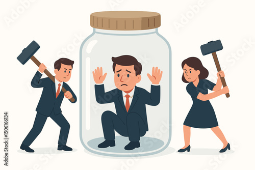 Corporate pressure concept: Scared manager trapped in glass container under attack by angry employees with mallets, representing workplace hostility, stress, and vulnerability.
