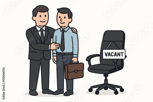 Successful Recruitment Concept: Manager Welcomes New Employee in Suit with Briefcase to Fill Vacant Office Chair Position, Illustrating Hiring Success and Career Opportunity.