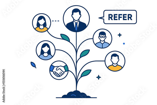 Collaborative Business Network Growth Concept - Vector Illustration of a Plant Connecting People Icons for Referral Programs, Partnership Building, and Team Collaboration Strategy.