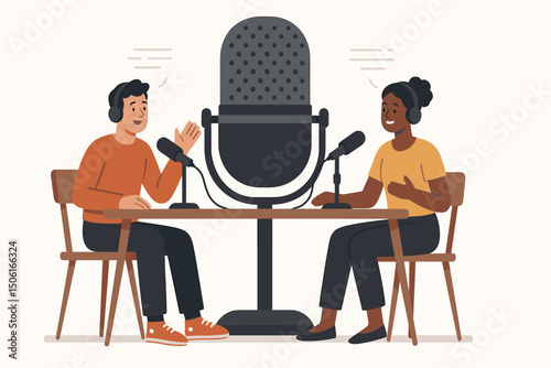 Diverse man and woman host a podcast discussion, sitting at a table with microphones and headphones, recording an audio interview or show in a broadcasting studio vector illustration.