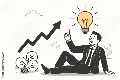 Inspired businessman points to glowing lightbulb idea for success and growth, shown by rising arrow graph. Minimalist line art vector concept for innovation and strategy.