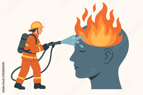 Conceptual vector art of a firefighter using water to put out fire burning inside a human head silhouette, representing mind care, anxiety reduction, and managing burnout.