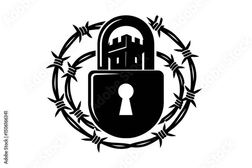 Secure Fortress Padlock Vector Illustration Surrounded by Barbed Wire - Symbol of Protection, Defense, and Imprisonment Black and White Icon Design Isolated on White Background