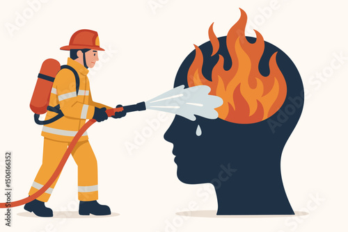 Mental Health Concept Firefighter Dousing Flames in Burning Brain Silhouette Stress Management Burnout Prevention Psychological First Aid Therapy Support Vector Illustration.