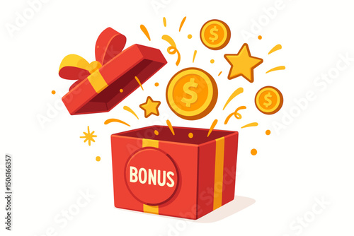 Vector illustration of a vibrant red BONUS gift box bursting open with golden dollar coins and sparkling stars, symbolizing prizes, rewards, financial gain, promotions, and celebratory surprises.