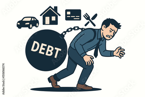 Financial struggle concept vector illustration showing a stressed man carrying the heavy burden of debt, chained to icons of mortgage, car loan, credit card, and living costs.