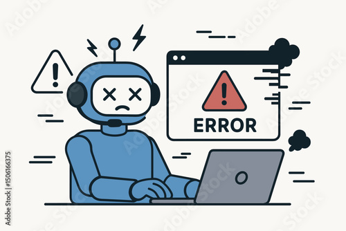 Broken AI robot cartoon character at laptop displaying critical error message, vector illustration of technology malfunction, system crash, artificial intelligence failure concept.