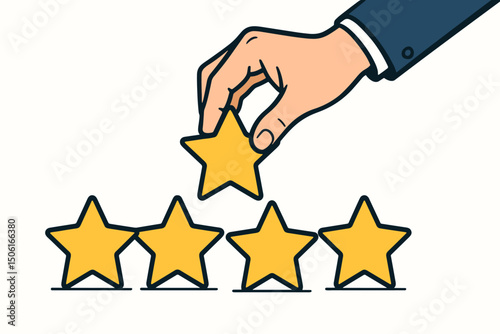 Businessman hand adding the fifth star for a top five-star rating review vector illustration. Concept for customer satisfaction, feedback, positive evaluation, quality assessment, and excellence.