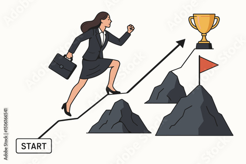 Vector illustration of a businesswoman ascending a growth chart, symbolizing career progression, overcoming challenges like mountains, and reaching the ultimate goal, a golden trophy.