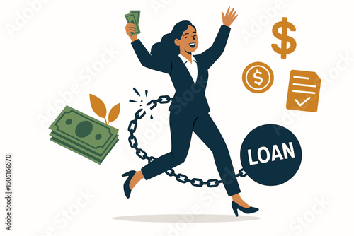 Empowered businesswoman joyfully runs, breaking chains of loan debt. Concept illustration of achieving financial freedom, independence, success, holding money, escaping financial burden.