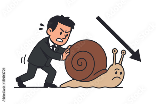 Frustrated Businessman Struggles Pushing a Large Snail, Symbolizing Slow Business Growth, Economic Downturn, Obstacles, and Inefficiency. Decline Arrow Vector Cartoon.