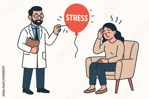 Therapist assists distressed woman by popping a stress balloon metaphor, representing overcoming anxiety, burnout, and pressure through counseling and mental healthcare consultation.