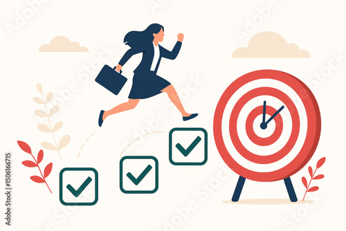 Ambitious businesswoman leaping over completed task checkboxes towards a deadline target, symbolizing career progress, goal achievement, and efficient time management vector.