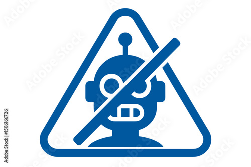 Vector icon of a blue triangular warning sign indicating 'Robots Prohibited'. Symbol for areas where AI, androids, cyborgs, and automated technology are forbidden or restricted access.
