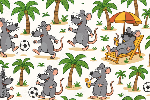 Adorable rats having fun on a summer beach seamless pattern. Cute mice play soccer, relax on loungers with drinks amid palm trees. Cartoon vector illustration for children's design.