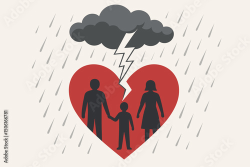 Symbolic vector art illustrating marital problems and family breakup, featuring parent and child silhouettes within a red heart split by a lightning bolt under a stormy rain cloud.
