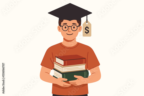 Student loan and education investment concept: Young man wearing graduation cap with dollar price tag, holding textbooks. Vector illustration symbolizing college tuition costs and academic finance.