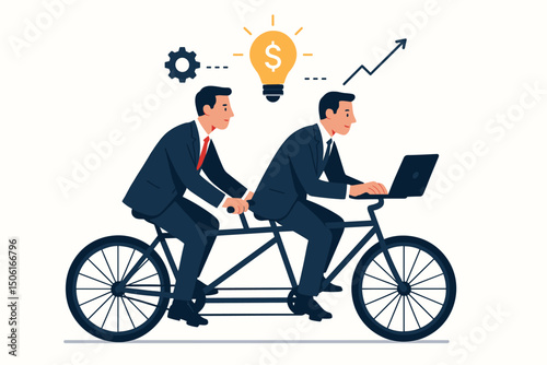 Startup co-founders demonstrate teamwork riding a tandem bicycle. Vector concept illustrating business partnership, collaboration, strategic planning, innovation, and growth towards success.