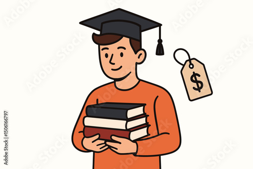 Investing in Education: Vector Illustration of a Graduate Student with Mortarboard and Books Facing the Financial Cost Symbolized by a Dollar Price Tag. University Expenses Concept.