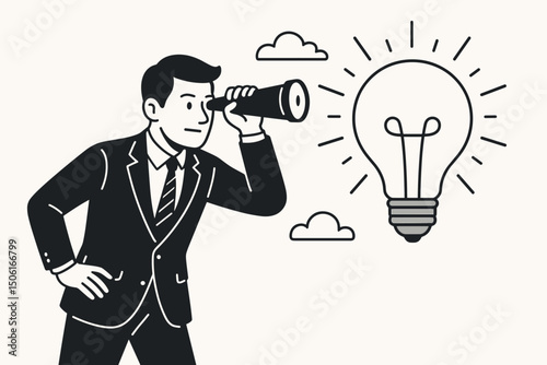 Black and white vector illustration of a businessman using a telescope to spot a bright, innovative idea symbolized by a lightbulb, representing vision, opportunity, and strategy.