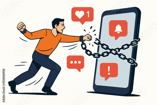Breaking Free from Smartphone Addiction: Illustrated Man Escapes Chains of Social Media Notifications, Likes, and Alerts for Digital Wellbeing and Freedom Vector Graphic