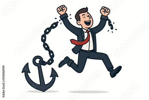 Vector illustration of a liberated businessman escaping heavy anchor chains. Metaphor for achieving freedom, overcoming challenges, financial independence, and business success.