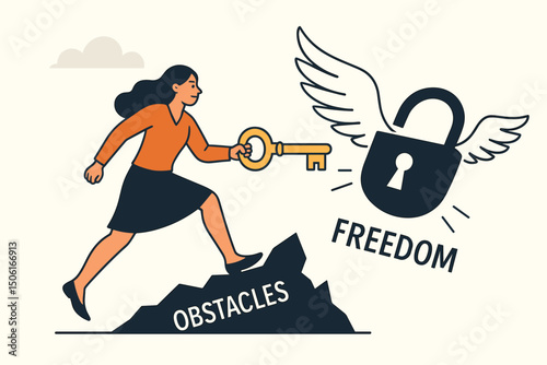 Empowered woman climbing over obstacles with golden key to unlock winged freedom padlock. Vector illustration concept for overcoming challenges, achieving independence, and success.