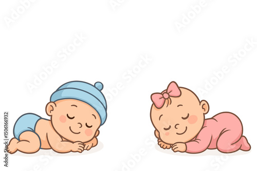 Sweet dreams newborn baby boy and girl sleeping illustration. Cute cartoon vector graphic for baby shower banner, birth announcement card, nursery decor with ample white copy space.