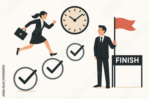 Determined businesswoman races against the clock, checking off tasks as she runs towards the finish line held by a businessman, illustrating success, competition, and goal achievement.