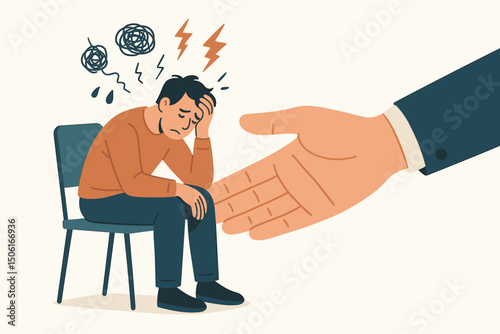 Concept of mental health care and support system, featuring a large compassionate hand extending help to a distressed man experiencing depression, anxiety, and psychological problems.
