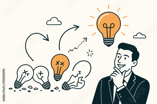 Businessman brainstorming creative ideas through iterative trial and error process, finding successful innovative solution symbolized by bright lightbulb. Concept of strategy.