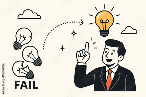 Learning from Failure Vector: Businessman Finds Bright Idea After Broken Lightbulbs. Conceptual Illustration of Innovation, Problem Solving, Success, Perseverance in Business.