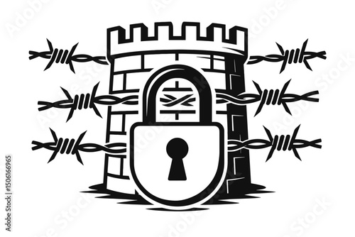 Secure Castle Fortress Icon with Padlock and Barbed Wire Barrier, Vector Graphic Representing Protection, Boundaries, Detention, and Restricted Access Concepts.